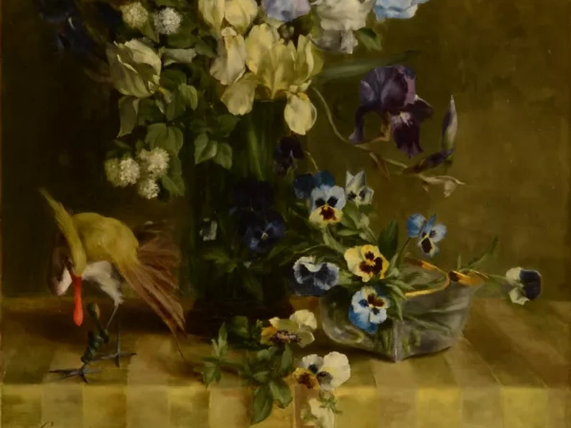 1859-Georgette Meunier - Un mazzo di fiori e un uccello esotico